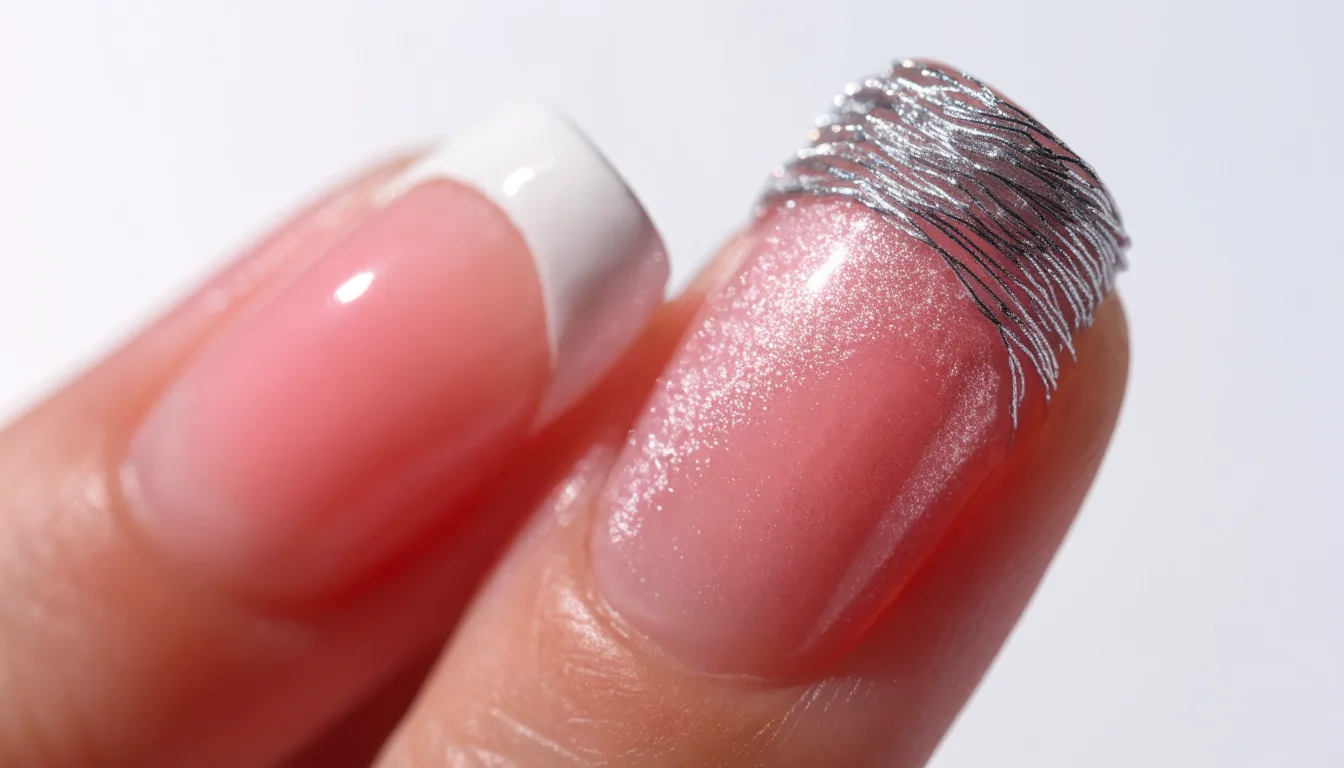 Przezroczysty różowy manicure z delikatnym srebrnym brokatowym frenchem