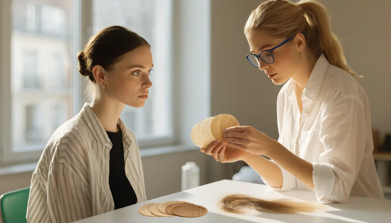 Klientka omawia z fryzjerką odcień i intensywność baleyage blond