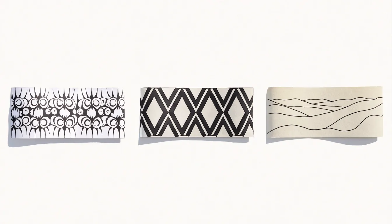 Szkice trzech kierunków wzoru tatuażu-opaski: blackwork, geometria i krajobraz